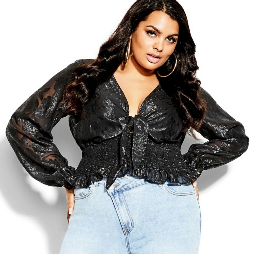 New City Chic Womens Black Floral Burnout Tie Front Crop Fresh Flirt Top